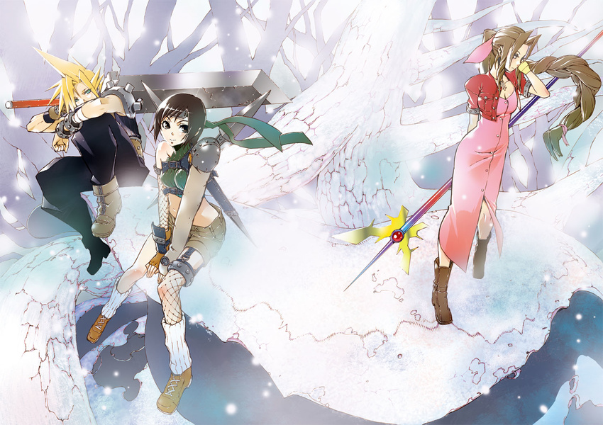 2girls adjusting_hair aerith_gainsborough ankle_boots aqua_eyes arm_behind_back armor asymmetrical_clothes bad_id bad_pixiv_id bandages bangs bare_shoulders belt beltbra black_hair blonde_hair boots bow bracelet braid breasts brown_eyes brown_hair buster_sword buttons cleavage clenched_hand cloud_strife crop_top dress elbow_gloves fantasy final_fantasy final_fantasy_vii fingerless_gloves fishnet_legwear fishnets floating_hair forehead_protector garter_straps gem gloves hair_ribbon headband holding huge_weapon in_tree jacket jewelry karasuma_tasuku leg_warmers legs long_dress long_hair looking_at_viewer looking_away medium_breasts midriff multiple_girls nature navel ninja ninja_(final_fantasy) open_clothes open_jacket outdoors over_shoulder pants pauldrons pink_bow pink_dress ponytail ribbon shirt short_hair shorts shuriken sidelocks single_braid single_thighhigh sitting sitting_in_tree sleeveless sleeveless_turtleneck small_breasts smile snow spiked_hair staff standing strap sword thighhighs tree turtleneck very_long_hair weapon wind yuffie_kisaragi zipper