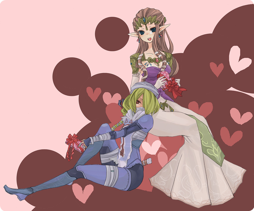 androgynous bad_id bad_pixiv_id bandages blonde_hair blue_eyes braid dual_persona heart jewelry long_hair mask multiple_girls pointy_ears princess_zelda red_eyes reverse_trap sayu030b sheik surcoat the_legend_of_zelda the_legend_of_zelda:_ocarina_of_time the_legend_of_zelda:_twilight_princess valentine