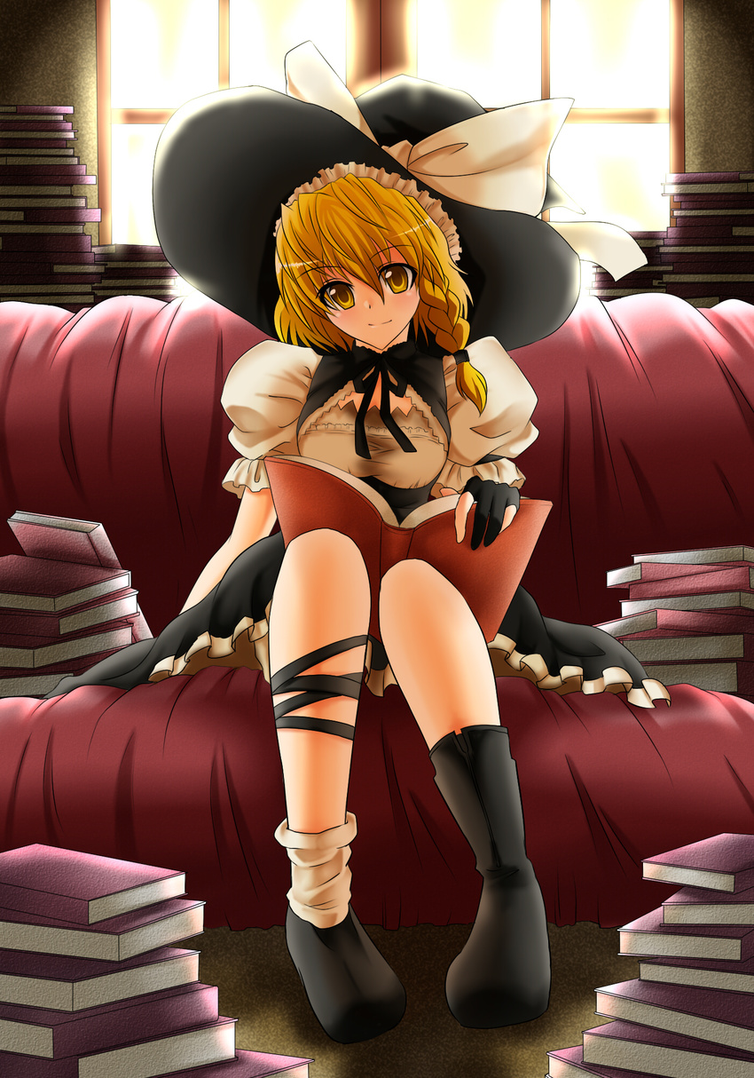 blonde_hair book boots braid fingerless_gloves gloves hat highres kirisame_marisa shangorilla shoes short_hair solo touhou witch_hat yellow_eyes