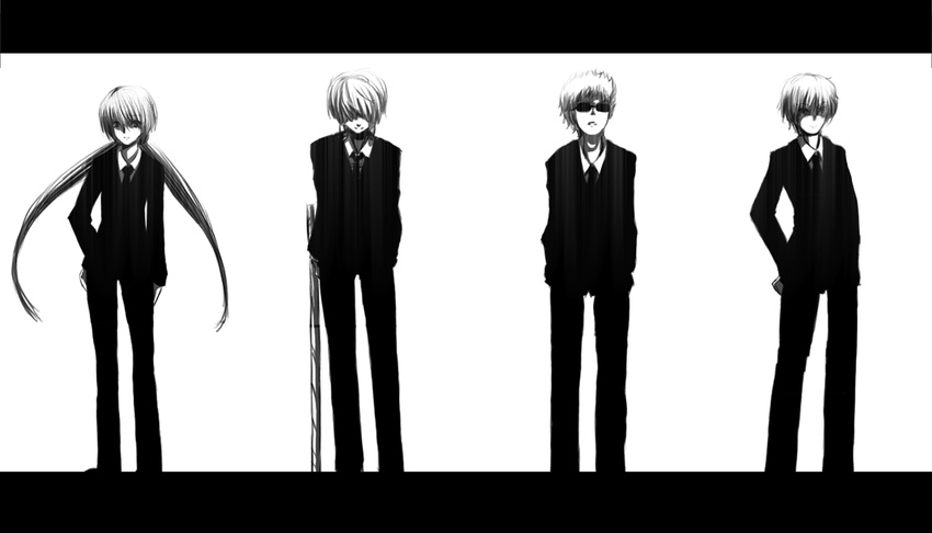 3boys accelerator bad_id bad_pixiv_id etzali formal greyscale group(toaru) ikkei_dou letterboxed lineup long_hair monochrome multiple_boys musujime_awaki short_hair suit sunglasses to_aru_majutsu_no_index tsuchimikado_motoharu twintails unabara_mitsuki