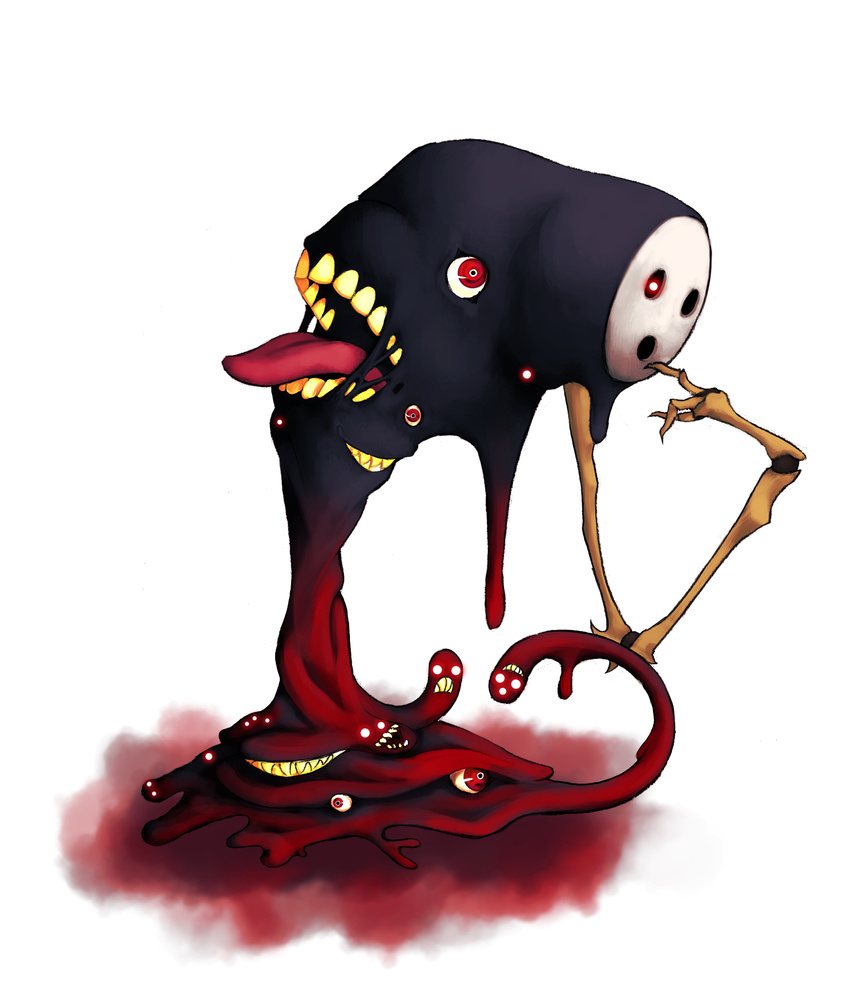 arakune blazblue blob blood bone eldritch_abomination extra_eyes extra_mouth finger_to_mouth glowing glowing_eyes highres horror_(theme) kanta-kun mask monster no_humans open_mouth red_eyes sharp_teeth teeth tongue tongue_out