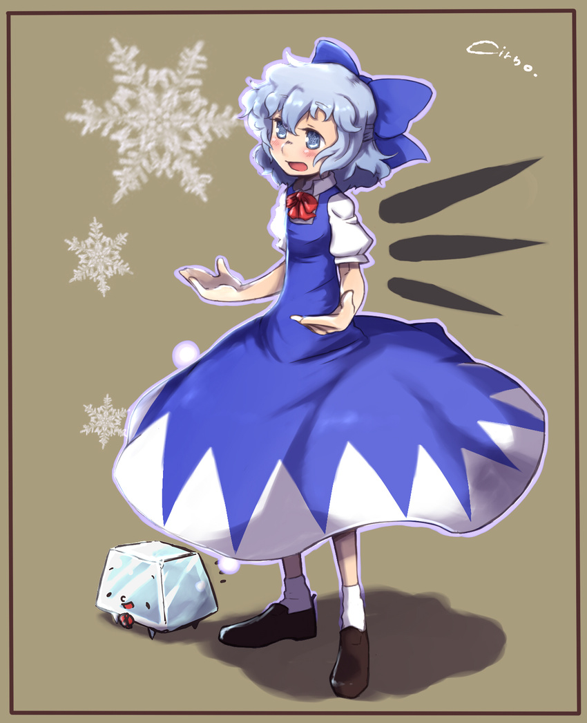 blue_eyes blue_hair bow cirno daitai_konna_kanji highres short_hair solo touhou wings