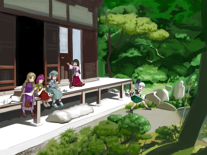 bug butterfly dango eating food forest hieda_no_akyuu highres houraisan_kaguya house insect konpaku_youmu maku_(wasabishock) multiple_girls nature saigyouji_yuyuko sanshoku_dango scroll sliding_doors sword touhou wagashi weapon yakumo_yukari