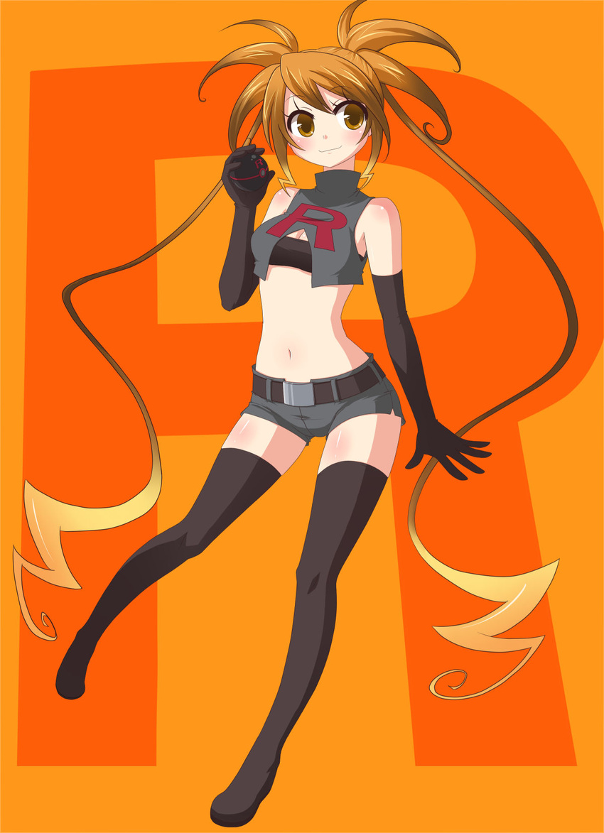 belt blush cleavage_cutout clothes_writing elbow_gloves gen_1_pokemon gloves highres md5_mismatch midriff miruki navel orange_eyes orange_hair personification pokemon raichu shorts smile solo team_rocket thighhighs twintails