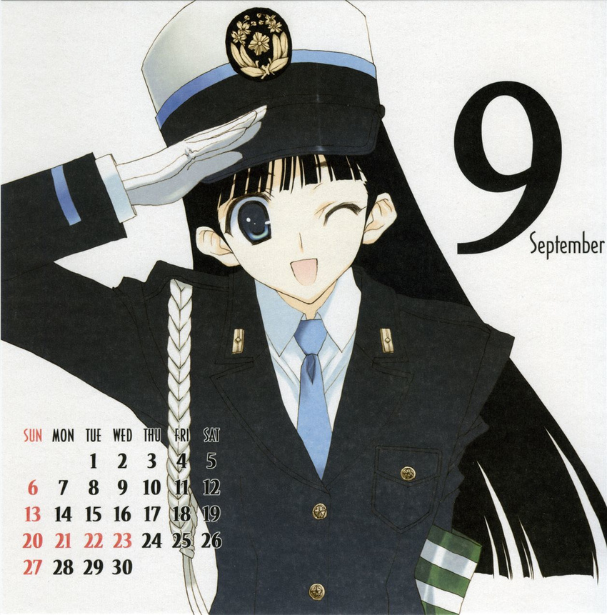 black_hair calendar_(medium) copyright_request highres nakamura_takeshi one_eye_closed police police_uniform solo uniform