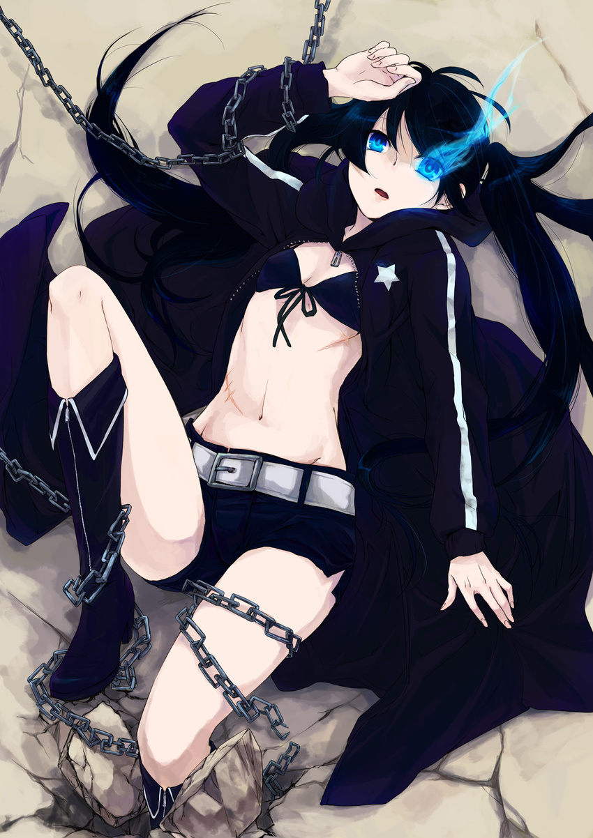 akaya belt bikini_top black_hair black_rock_shooter black_rock_shooter_(character) boots burning_eye chain front-tie_top highres long_hair lying midriff scar shorts solo star