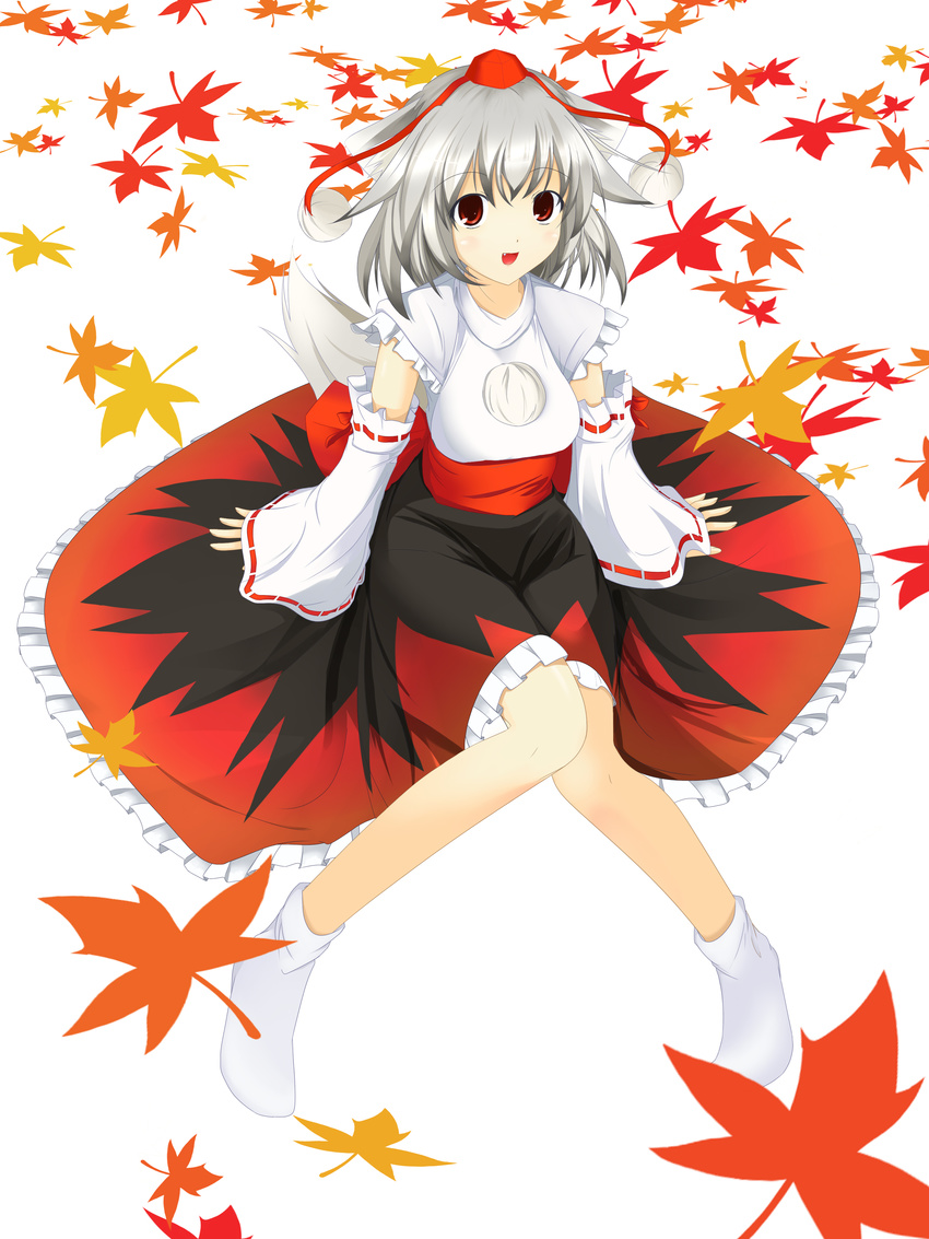 absurdres animal_ears autumn chus detached_sleeves fang hat highres inubashiri_momiji leaf maple_leaf sitting solo tail tokin_hat touhou white_hair wolf_ears wolf_tail