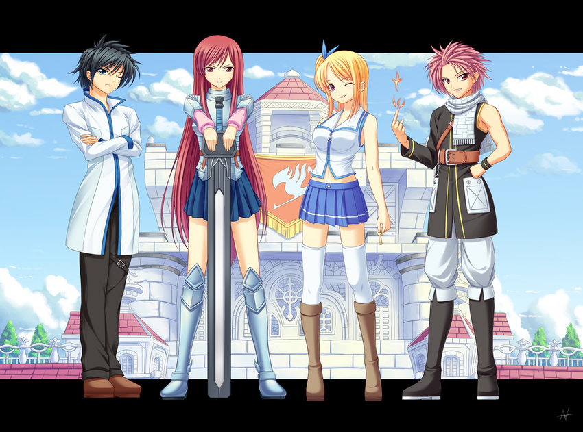 2girls athrun1120 bad_id bad_pixiv_id black_hair blonde_hair blue_eyes boots erza_scarlet fairy_tail gray_fullbuster lucy_heartfilia multiple_boys multiple_girls natsu_dragneel one_eye_closed red_eyes red_hair skirt sword thighhighs weapon