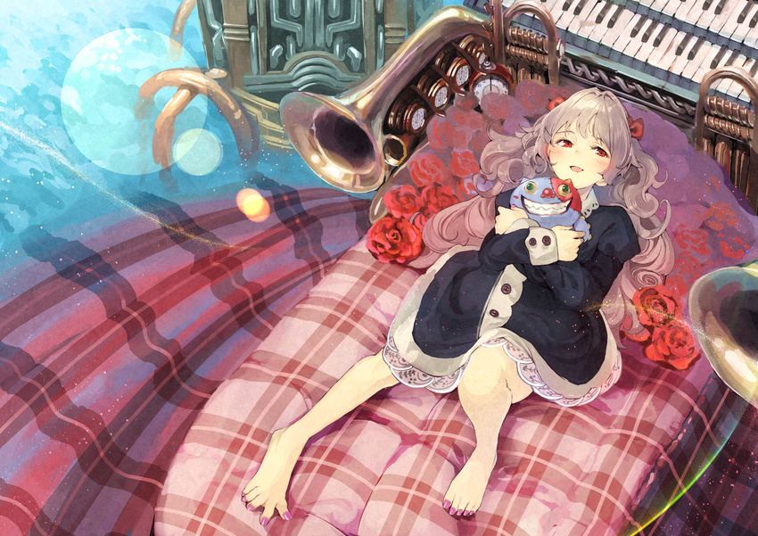 barefoot bed_sheet brown_hair dress facing_viewer feet flower full_body furukawa_itsuse grin hair_ribbon highres hug instrument keyboard_(instrument) legs long_hair long_sleeves lying nail_polish on_back original piano pink_nails plaid red_eyes red_flower red_rose ribbon rose silver_hair smile solo spread_toes stuffed_toy toenail_polish toes trumpet wavy_hair