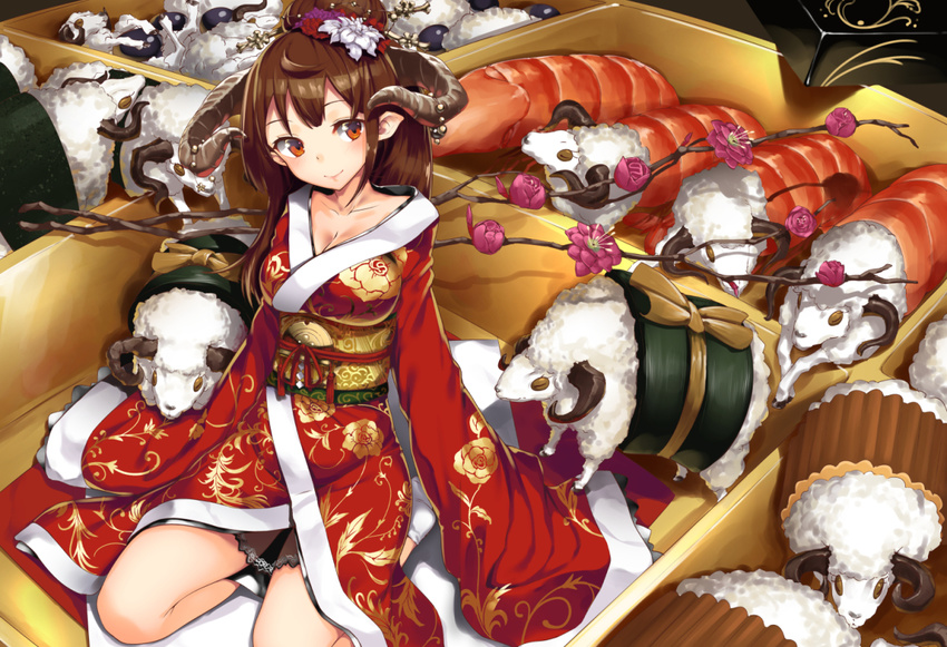 blush breasts brown_hair chinese_zodiac flower food hair_flower hair_ornament horns japanese_clothes kimono large_breasts long_hair long_sleeves new_year obi original osechi pointy_ears pyz_(cath_x_tech) red_eyes sash sheep smile solo very_long_sleeves white_legwear year_of_the_goat