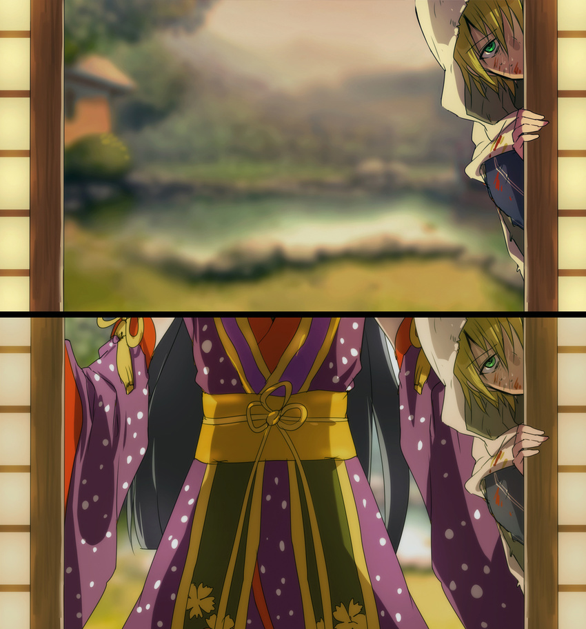 black_hair blonde_hair blurry cloak depth_of_field detached_sleeves green_eyes highres hood japanese_clothes jirou_tachi kimono long_hair looking_at_viewer male_focus multiple_boys nuriko-kun peeking_out sliding_doors touken_ranbu very_long_hair yamanbagiri_kunihiro