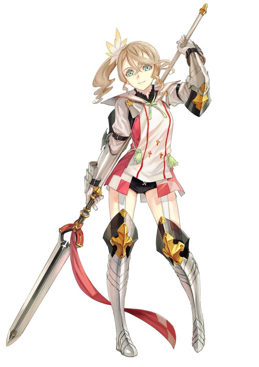 absurdres alisha_diphda armor armored_boots artist_request boots brown_hair buruma full_body gauntlets gloves greaves green_eyes grey_footwear highres knee_boots metal_boots official_art polearm shirt short_hair side_ponytail smile solo spear tales_of_(series) tales_of_zestiria thigh_strap weapon white_background