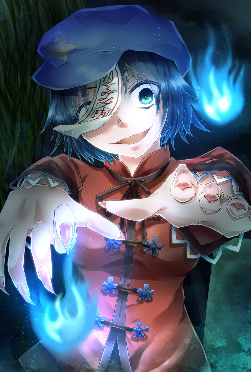 blue_eyes blue_hair breasts chinese_clothes fingernails flat_cap hat highres hitodama hokuto_shigure looking_at_viewer medium_breasts miyako_yoshika night ofuda one_eye_covered outdoors outstretched_arms sharp_fingernails short_hair solo star touhou upper_body willow zombie_pose