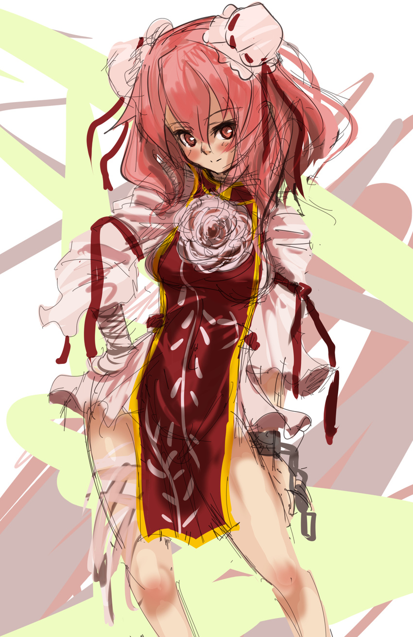 bun_cover chinese_clothes cuffs double_bun flower hand_on_hip handcuffs hey_taishou highres ibaraki_kasen looking_at_viewer pink_eyes pink_hair smile solo tabard touhou