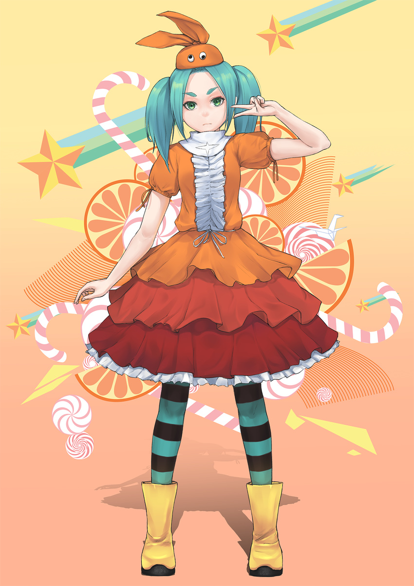 aqua_hair boots dress eyebrows full_body green_eyes hat highres looking_at_viewer monogatari_(series) ononoki_yotsugi pantyhose rubber_boots short_hair solo standing star striped striped_legwear trix_(walpurgis999) tsukimonogatari twintails v yellow_footwear