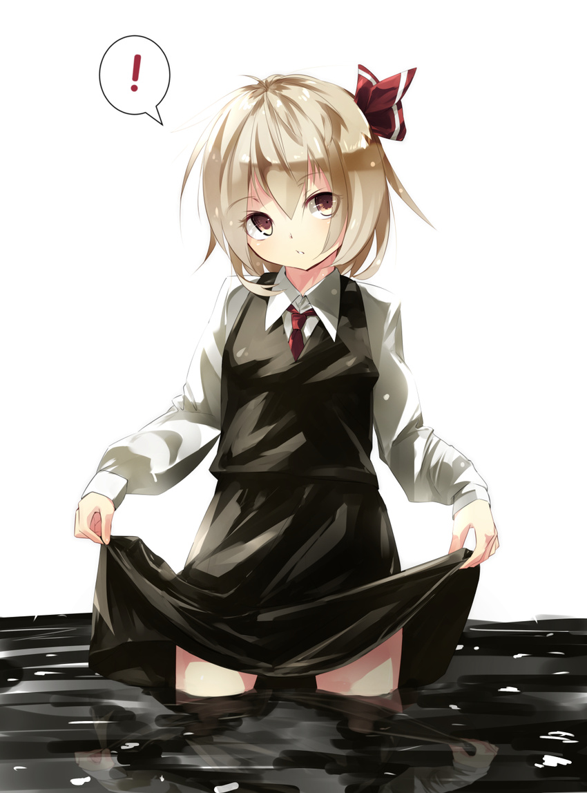 1girl black_skirt blonde_hair brown_eyes collared_shirt gorilla_(bun0615) hair_ribbon hairband highres long_sleeves looking_at_viewer necktie reflection ribbon rumia shirt short_hair simple_background skirt skirt_lift solo standing touhou wading water white_background