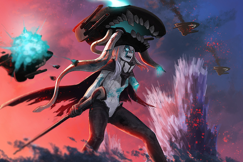 aircraft airplane bleeding blood blood_on_face bloody_clothes blue_blood blue_eyes cane cape debris dusk enemy_aircraft_(kantai_collection) evening explosion guro kantai_collection open_mouth severed_limb shinkaisei-kan smoke solo standing standing_on_liquid twilight white_hair wo-class_aircraft_carrier yue_(tada_no_saboten)