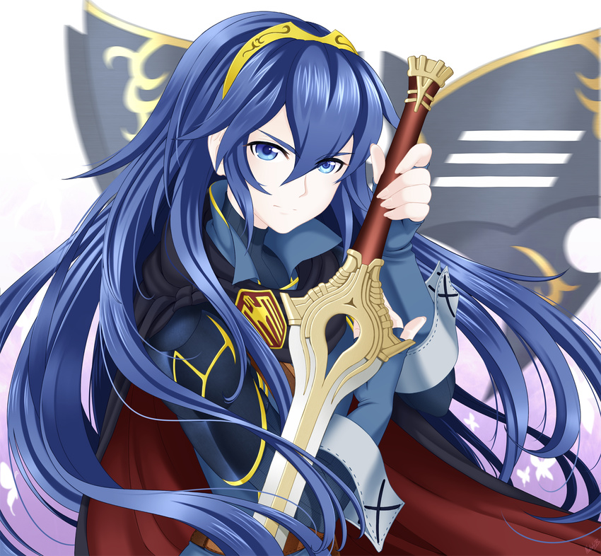 armor blue_armor blue_eyes blue_gloves blue_hair cape falchion_(fire_emblem) fingerless_gloves fire_emblem fire_emblem:_kakusei gloves highres long_hair lucina mask nataly-b serious solo sword tiara weapon