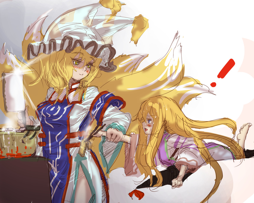 2girls blonde_hair butcher_knife caught chopsticks cooking food fox_tail gap hat hey_taishou highres multiple_girls multiple_tails smile sweat tabard tail thighs tofu touhou yakumo_ran yakumo_yukari