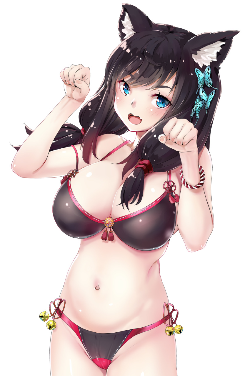 1girl absurdres animal_ears azur_lane bare_shoulders bikini black_bikini black_hair blue_eyes bracelet breasts cleavage fang fusou_(azur_lane) groin hair_ornament highres jewelry kntrs_(knyrs) long_hair looking_at_viewer navel open_mouth paw_pose simple_background solo swimsuit white_background