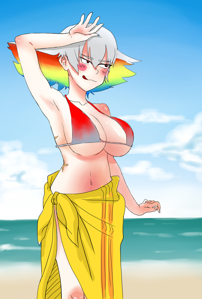 :q arm_up beach bikini blush_stickers breasts cleavage day eyebrows highres kill_la_kill kiryuuin_ragyou large_breasts mature multicolored multicolored_hair mumu_ichie nail_polish navel out_of_character outdoors rainbow_hair sarong scar sunburn swimsuit thick_eyebrows tongue tongue_out