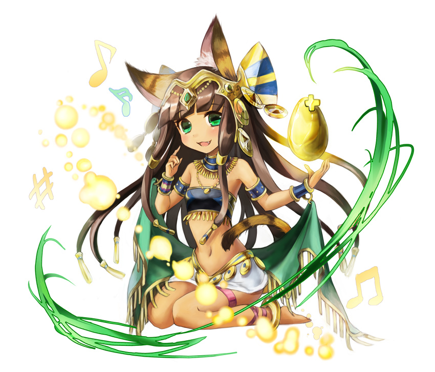 animal_ears anklet bad_id bad_pixiv_id bandeau barefoot bastet_(p&amp;d) black_hair bracer cat_ears dark_skin egyptian fang gold_egg_(p&amp;d) green_eyes highres jewelry long_hair midriff navel puzzle_&amp;_dragons sitting skirt smile solo tail tiara