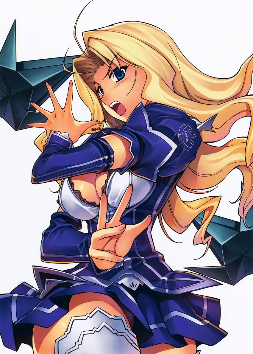 absurdres antenna_hair blonde_hair blue_eyes blush boots breasts cleavage cleavage_cutout detached_sleeves dress elbow_gloves elizabeth_mayberry freezing gloves highres jewelry kim_kwang_hyun large_breasts long_hair looking_at_viewer necklace no_bra official_art open_mouth puffy_short_sleeves puffy_sleeves scan shirt short_sleeves skirt solo thigh_boots thighhighs