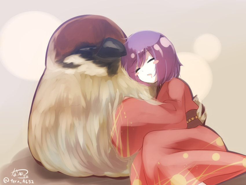 bird closed_eyes drooling eurasian_tree_sparrow japanese_clothes kimono long_sleeves minigirl natsuki_teru obi purple_hair sash sleeping solo sparrow sukuna_shinmyoumaru touhou wide_sleeves