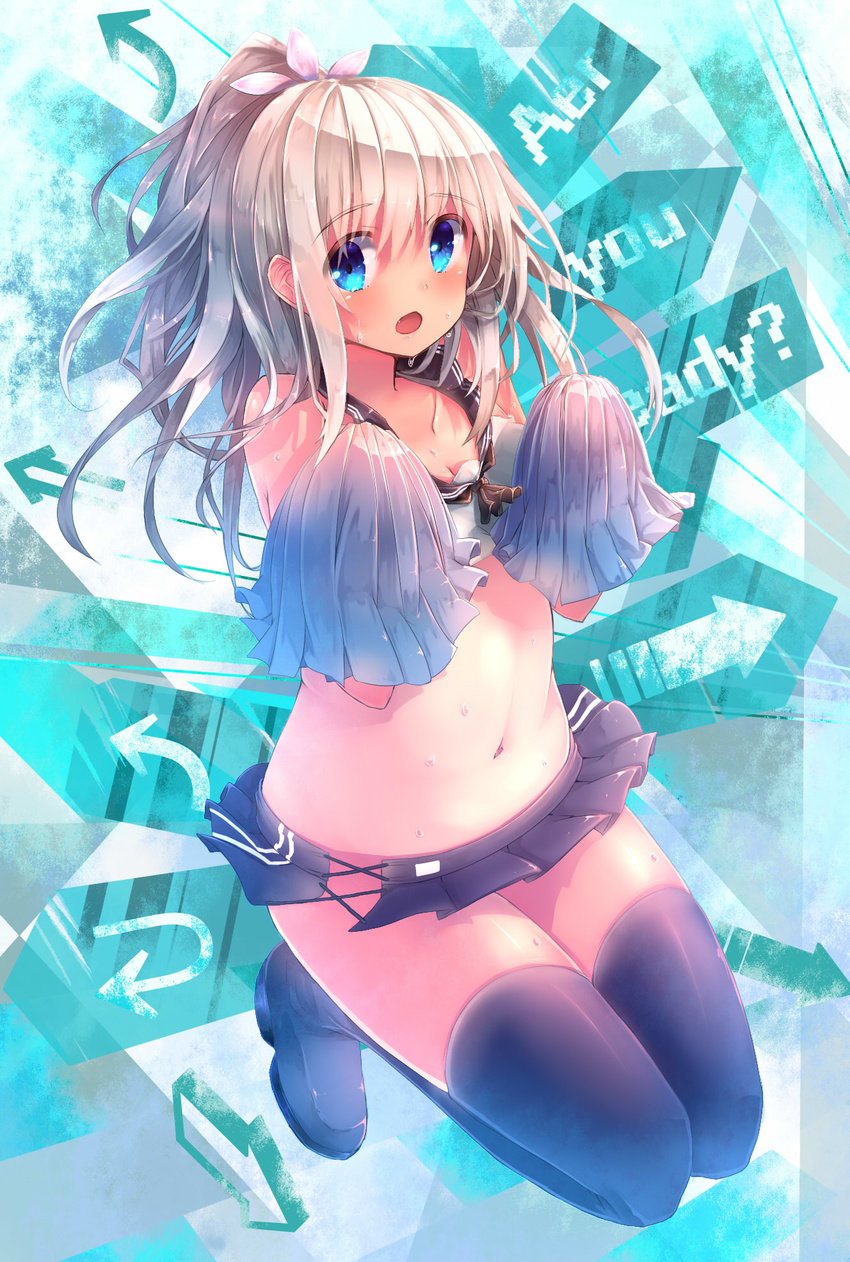 :o bad_id bad_pixiv_id blue_eyes breasts cheerleader cleavage collarbone english exhibitionism highres kantai_collection kneeling kumashou_(nabeyama_kaidou) long_hair midriff miniskirt open_mouth ponytail ro-500_(kantai_collection) shoes silver_hair skirt small_breasts solo sweat thighhighs wet