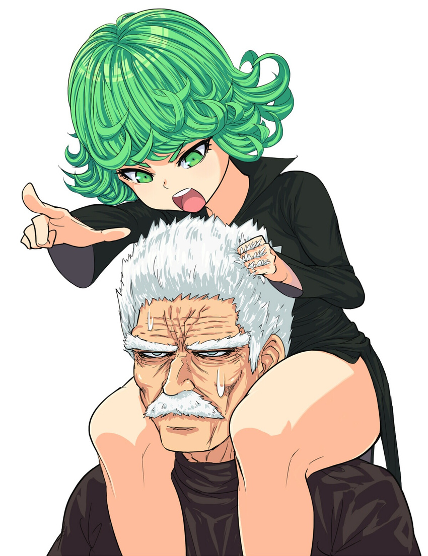 bang_(onepunch_man) old_man onepunch_man sitting_on_shoulders sweat tatsumaki