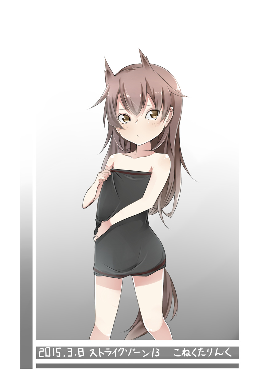 alternate_hairstyle amai_nekuta angela_salas_larrazabal animal_ears black_dress blush brown_hair child collarbone dated dress hair_down highres horse_ears horse_girl horse_tail long_hair solo strapless strapless_dress tail translation_request world_witches_series yellow_eyes younger