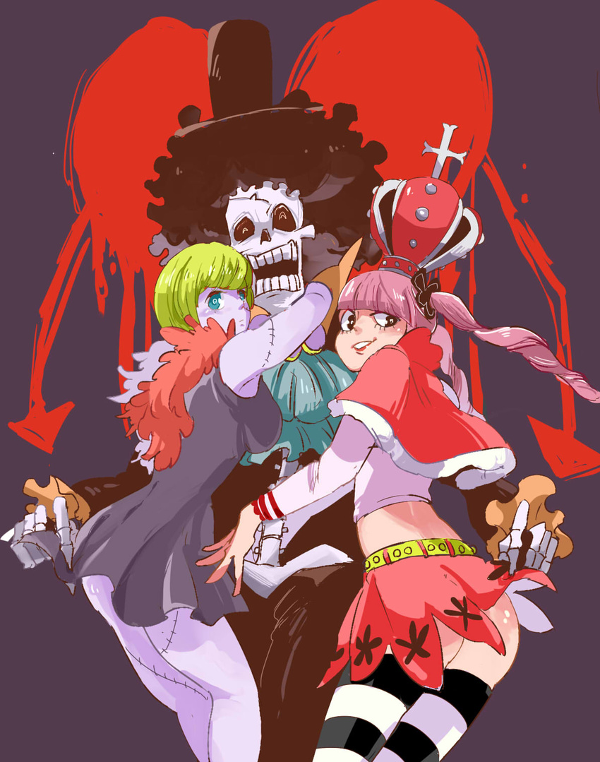 1boy 2girls ass bangs black_dress black_legwear blonde_hair blue_eyes blunt_bangs brook crown dress drill_hair feather_boa hat long_hair multiple_girls one_piece perona pink_hair ppphatop skeleton skirt skirt_lift stitches striped striped_legwear thighhighs twintails victoria_cindry white_legwear zombie