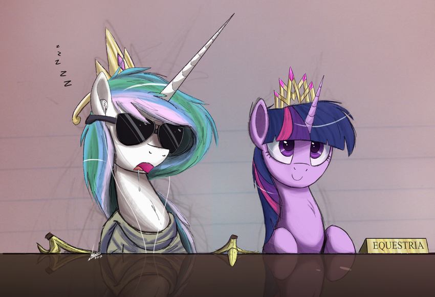 2015 banana crown drooling earbuds english_text equine eyewear female food friendship_is_magic fruit glasses gold hair hoodie horn mammal messy_hair multicolored_hair my_little_pony ncmares princess_celestia_(mlp) purple_eyes purple_hair saliva sleeping sunglasses text twilight_sparkle_(mlp) winged_unicorn wings zzz