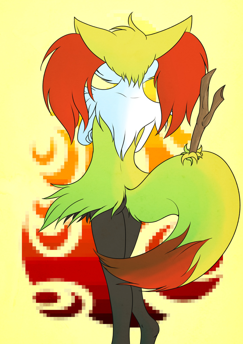 2014 abstract_background ambiguous_gender anthro back braixen butt canine fox fur inner_ear_fluff mammal mrpandragon nintendo pok&eacute;mon solo standing stick video_games