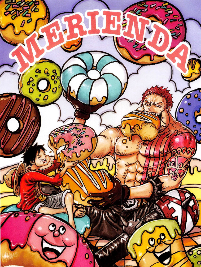 2boys charlotte_katakuri food monkey_d_luffy multiple_boys one_piece smile tattoo