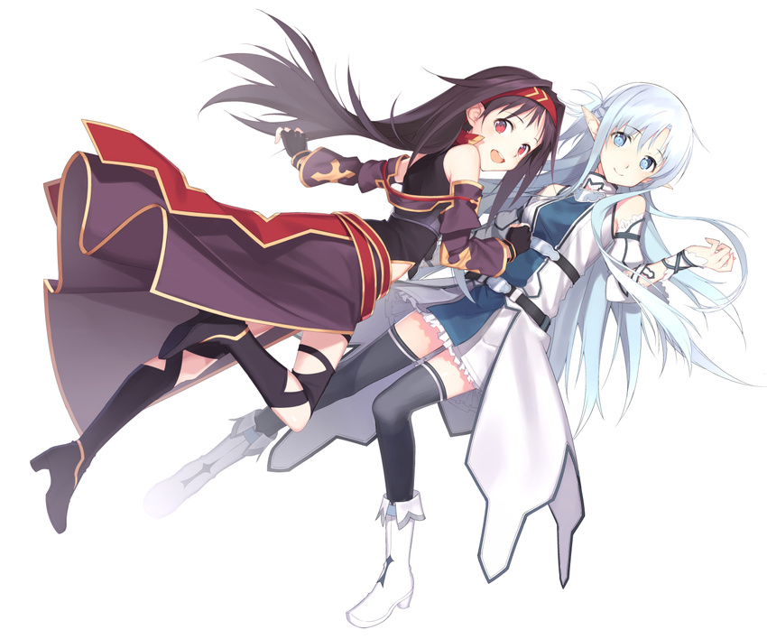 asuna_(sao) asuna_(sao-alo) black_footwear black_hair black_legwear blue_eyes blue_hair boots detached_sleeves ecoliff fingerless_gloves gloves hairband highres knee_boots long_hair multiple_girls pointy_ears red_eyes sword_art_online thighhighs white_footwear yuuki_(sao) zettai_ryouiki