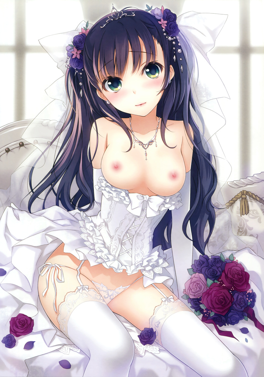 absurdres arm_support bangs bare_shoulders blush bouquet breasts bridal_veil collarbone copyright_request corset dress earrings elbow_gloves eyebrows_visible_through_hair flower garter_straps ginta glint gloves green_eyes hair_flower hair_ornament highres indoors jewelry lace lace-trimmed_thighhighs long_hair looking_at_viewer medium_breasts necklace nipples panties petals purple_hair side-tie_panties sitting sleeveless sleeveless_dress smile solo source_request string_panties thighhighs tiara underwear veil wedding_dress white_dress white_gloves white_legwear white_panties