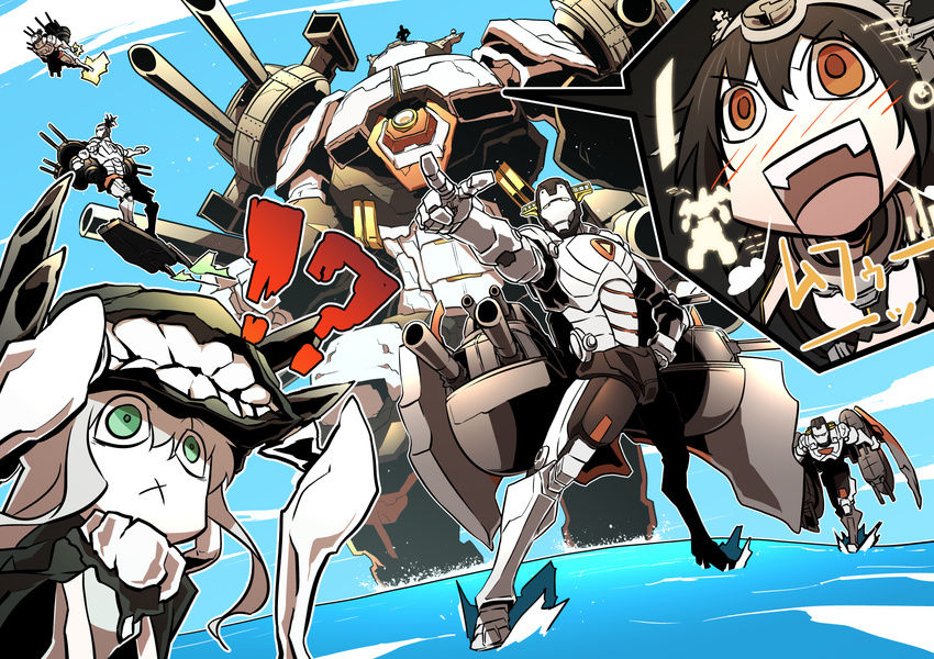 2girls :d :x brown_eyes brown_hair cannon commentary crossover flying fusou_(kantai_collection) gangure_(disemboweled) green_eyes hand_on_hip haruna_(kantai_collection) headgear highres hulkbuster iron_man iron_man_(comics) kantai_collection kongou_(kantai_collection) marvel mecha multiple_girls nagato_(kantai_collection) ocean open_mouth perspective pointing pointing_forward power_armor shinkaisei-kan silhouette size_difference smile standing standing_on_head standing_on_liquid translated turret v-shaped_eyebrows walking walking_on_liquid white_hair wo-class_aircraft_carrier yamashiro_(kantai_collection)