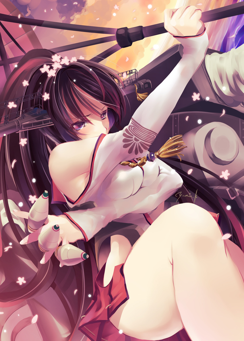 breast_squeeze breasts brown_eyes brown_hair cherry_blossoms covering_mouth crossed_arms flower hair_flower hair_ornament headgear high_ponytail highres kantai_collection kousaka_yami large_breasts long_hair mecha_musume miniskirt oriental_umbrella pleated_skirt ponytail pose red_skirt ribbon-trimmed_skirt ribbon_trim skirt solo type_91_armor-piercing_shell umbrella upper_body very_long_hair yamato_(kantai_collection)