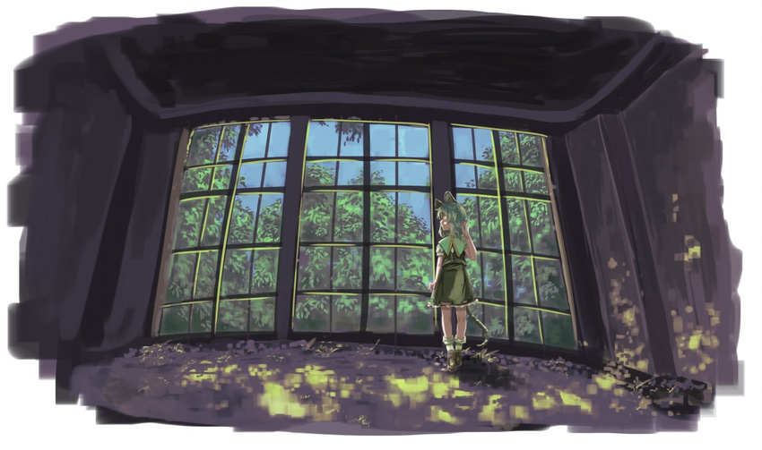 animal_ears blue_sky brown_footwear capelet commentary_request cut-away dappled_sunlight dress expressionless green_dress hand_in_hair indoors jewelry kabu_(yuyuibob) looking_out_window mouse_ears mouse_tail nazrin pendant puffy_short_sleeves puffy_sleeves red_eyes room ruins shadow shoes short_sleeves silver_hair sky socks solo standing sunlight tail touhou tree white_background window