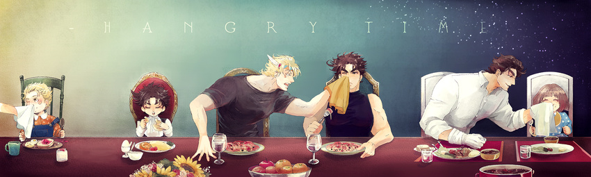 5boys caesar_anthonio_zeppeli child eating family food highres jojo_no_kimyou_na_bouken joseph_joestar_(young) kuujou_holly multiple_boys multiple_persona older polon55 table wiping_face younger