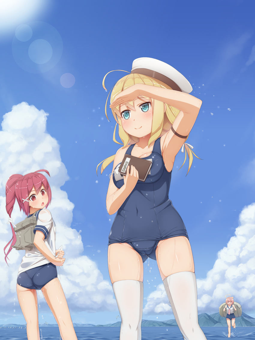 armpits blonde_hair breasts brown_hair hat highres i-168_(kantai_collection) i-58_(kantai_collection) i-8_(kantai_collection) kantai_collection large_breasts long_hair multiple_girls one-piece_swimsuit ponytail red_eyes red_hair school_swimsuit school_uniform serafuku short_hair swimsuit swimsuit_under_clothes tachimi_(basue) thighhighs