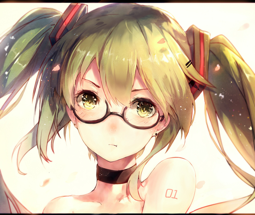 bad_id bad_pixiv_id bespectacled choker earrings face glasses green_eyes green_hair hadean92 hatsune_miku jewelry long_hair solo twintails upper_body vocaloid