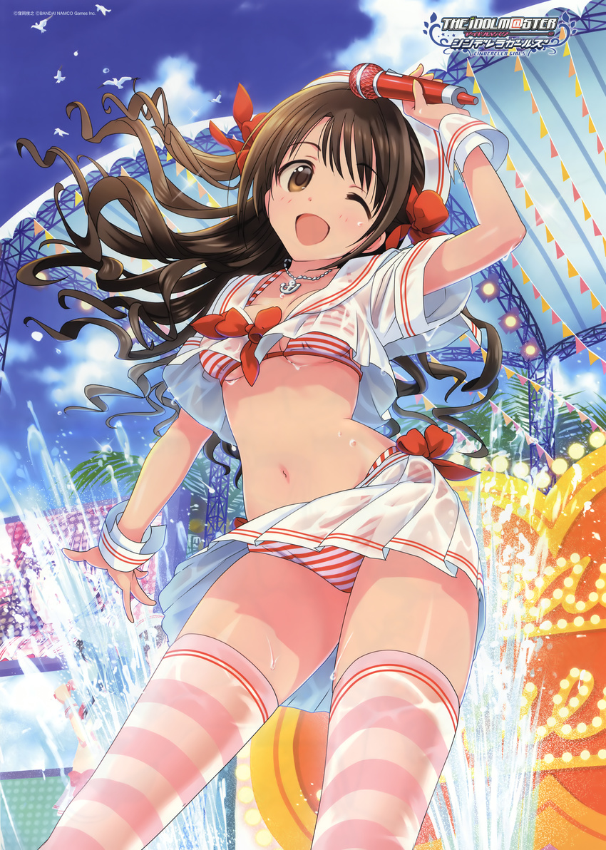 ;d absurdres anchor_symbol artist_request bikini bikini_under_clothes breasts brown_eyes brown_hair company_name copyright_name crop_top crop_top_overhang day highres idolmaster idolmaster_cinderella_girls jewelry long_hair medium_breasts microphone midriff navel necklace official_art one_eye_closed open_mouth shimamura_uzuki smile solo striped striped_bikini striped_legwear swimsuit swimsuit_under_clothes thighhighs wet wireless wrist_cuffs