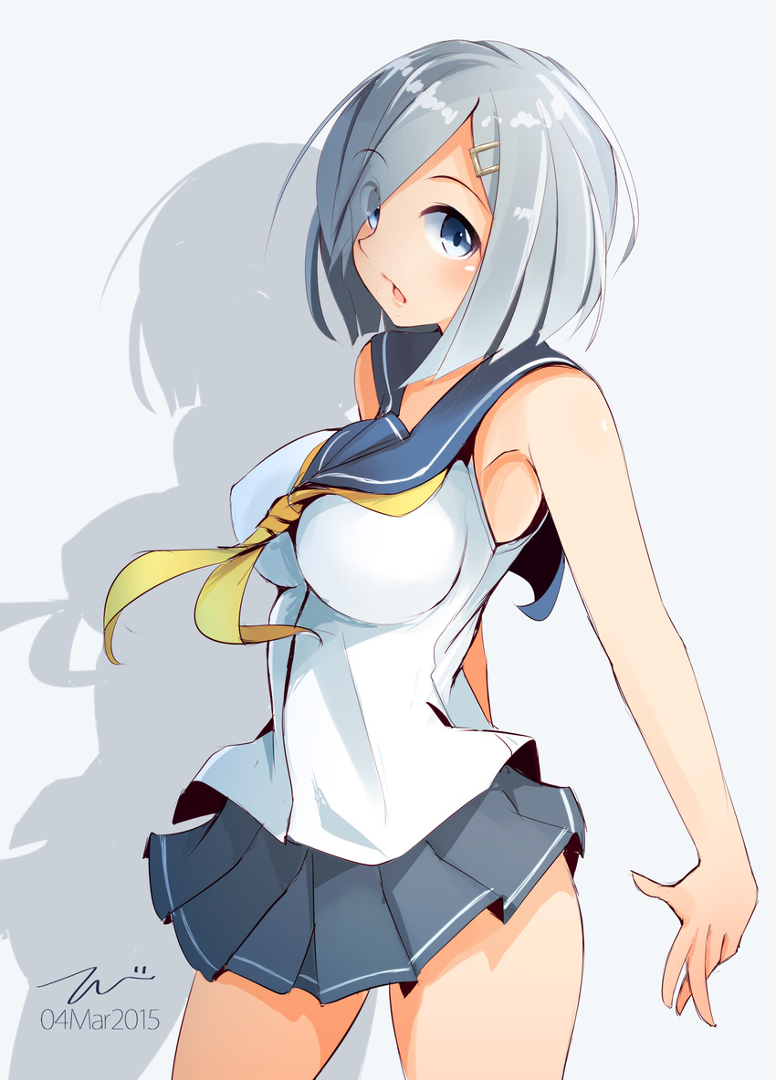 alternate_costume blue_eyes blue_skirt breasts cowboy_shot dated grey_hair hamakaze_(kantai_collection) highres kantai_collection large_breasts march neckerchief pleated_skirt school_uniform serafuku shirt short_sleeves silhouette simple_background skirt sleeveless sleeveless_shirt solo tebi_(tbd11) white_shirt yellow_neckwear