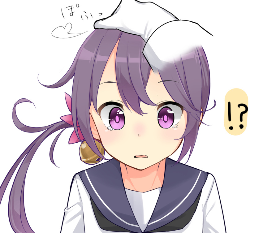 1girl admiral_(kantai_collection) akebono_(kantai_collection) bad_id bad_pixiv_id bell flower gloves hair_bell hair_flower hair_ornament hand_on_another's_head jingle_bell kantai_collection max_melon neckerchief open_mouth petting purple_eyes sailor_collar school_uniform serafuku side_ponytail simple_background surprised tears upper_body wavy_mouth white_background white_gloves