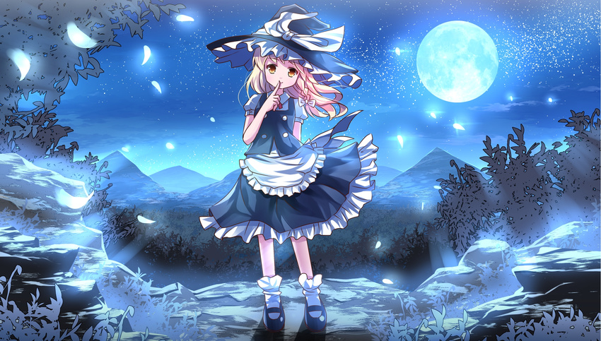 apron black_dress blonde_hair bow dress feathers finger_to_mouth forest full_body hat hat_bow highres kirisame_marisa mountain nature night puffy_short_sleeves puffy_sleeves risutaru shirt short_sleeves shushing sky solo star_(sky) starry_sky touhou waist_apron witch_hat yellow_eyes