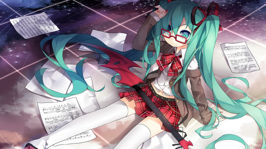 alternate_costume bass_clef beamed_eighth_notes bespectacled blazer bow bowtie glasses green_eyes green_hair guitar hair_over_one_eye hair_ribbon half_note hatsune_miku instrument jacket long_hair long_sleeves looking_at_viewer midriff musical_note navel necktie off_shoulder plaid plaid_neckwear plaid_skirt pleated_skirt plectrum quarter_note quarter_rest ribbon saru sharp_sign sheet_music shirt sitting skirt solo thighhighs treble_clef twintails very_long_hair vocaloid white_legwear white_shirt wing_collar