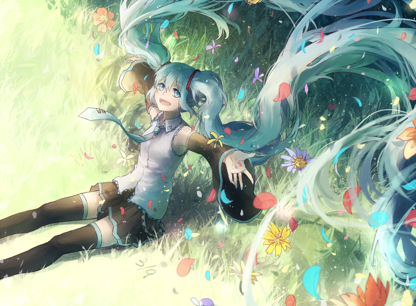 absurdly_long_hair bad_id bad_pixiv_id detached_sleeves domik floating_hair flower grass green_eyes green_hair hatsune_miku long_hair necktie open_mouth outstretched_arms petals sitting skirt solo spread_arms thighhighs twintails very_long_hair vocaloid