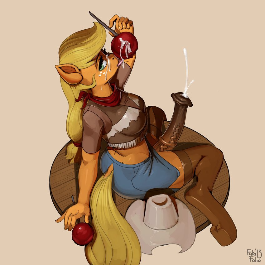 2013 absurd_res animal_genitalia anthro anthrofied apple applejack_(mlp) blonde_hair boots breasts clothing cum cum_on_face cum_on_food dickgirl earth_pony equine friendship_is_magic fruit fur green_eyes hair hat hi_res horse horsecock intersex kevinsano licking mammal my_little_pony orange_fur orgasm penis pony solo tongue tongue_out